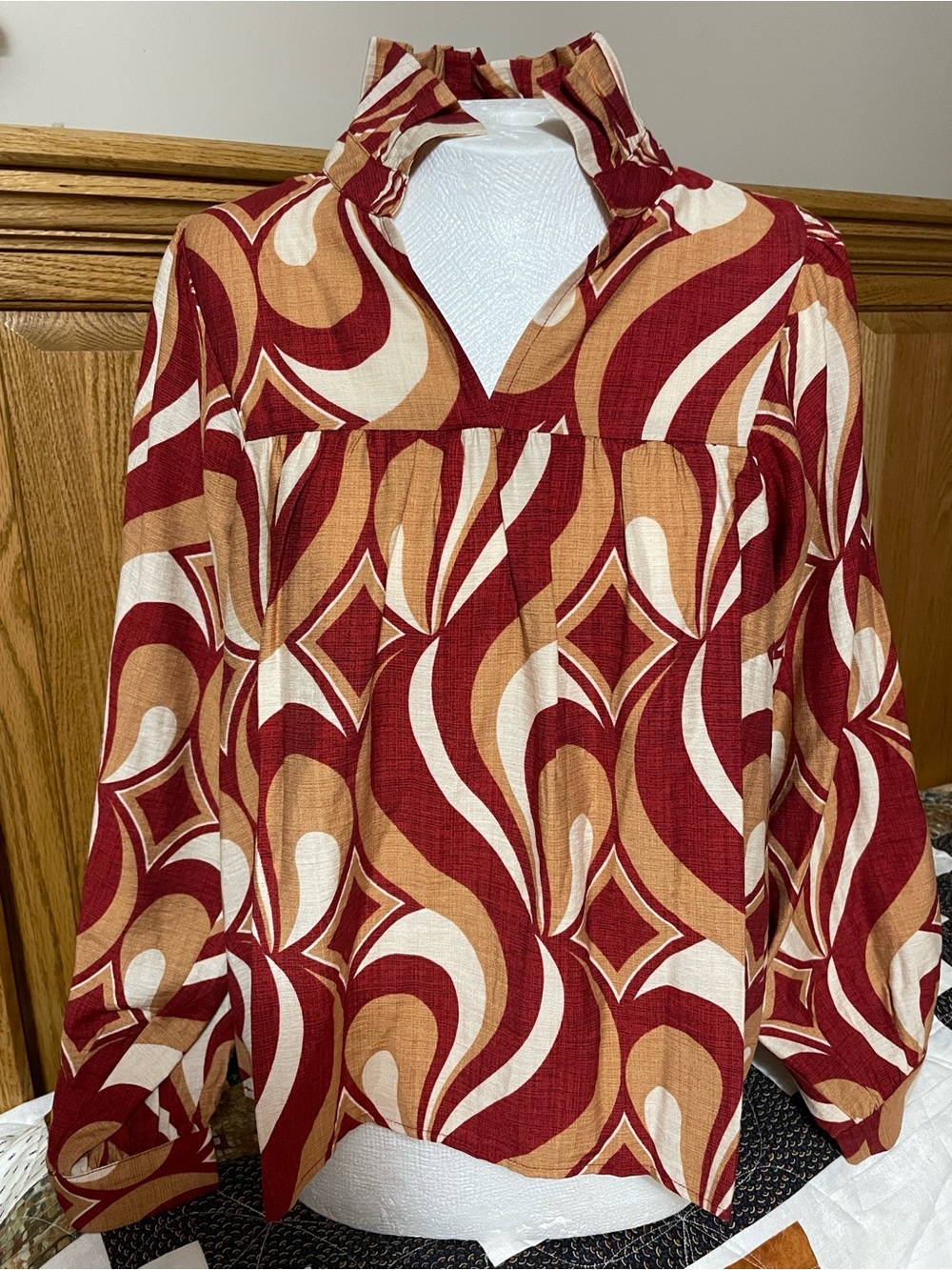Jodifl Red and Cream Patterned Ruffle-Neck Blouse
